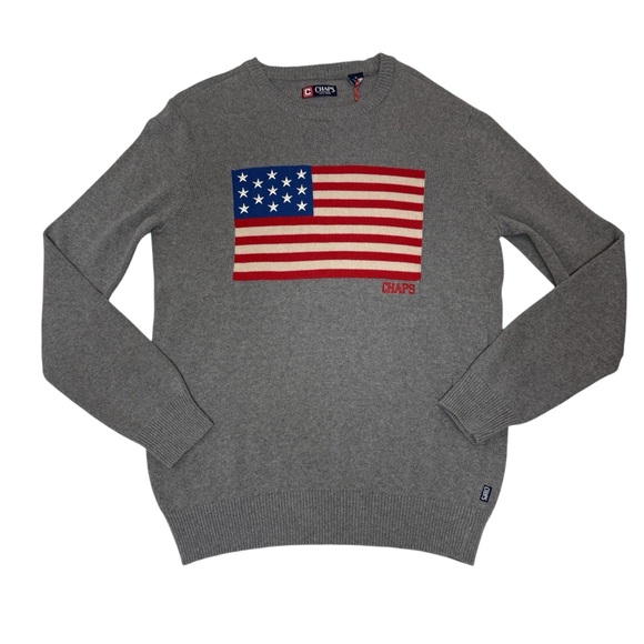 Chaps Gray Crewneck Sweater with American Flag - Picture 1 of 5